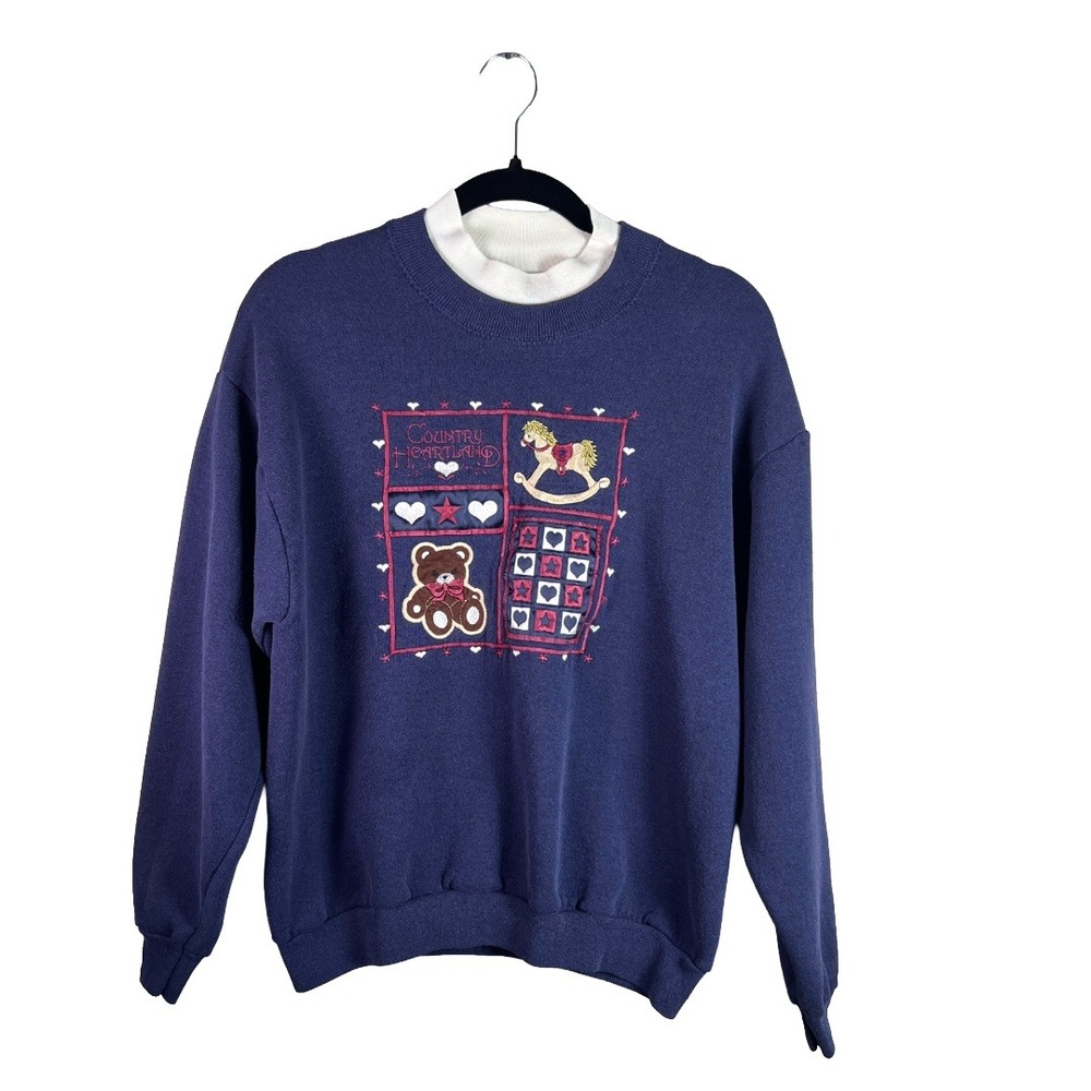 90s Vintage Lee Sweatshirt Women's M Blue Country Teddy Bear Cottagecore